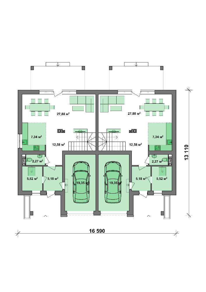 Проект таунхауса на 2 семьи с отдельными входами