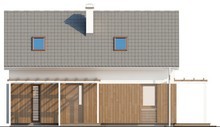 Проект котеджу з мансардою, двосхилим дахом і дерев'яним фасадом