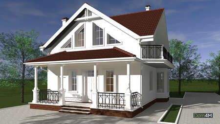 Проект білосніжного будинку в два поверхи з колонами і балконами загальною площею 133 кв. м