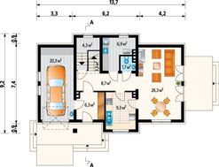 Проект заміського котеджу з дерев'яним балконом та невеликою терасою