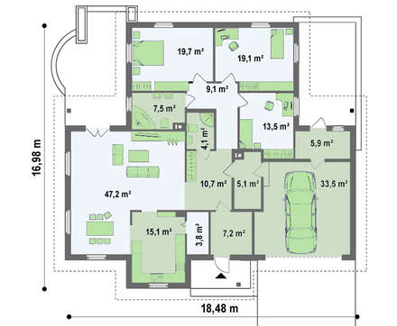 Просторий одноповерховий котедж з гаражем для двох машин