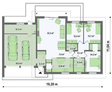 Проект одноповерхового котеджу площею 156 м² з гаражем для 2 авто