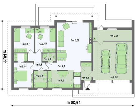 Проект одноповерхового котеджу площею 156 м² з гаражем для 2 авто