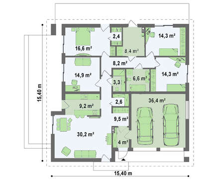 Проект одноэтажного дома с 4 спальнями и гаражом для 2 авто