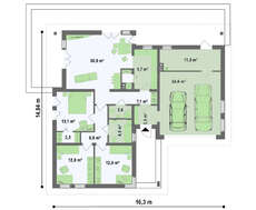 Проект функціонального одноповерхового котеджу з гаражем для 2 автомобілів