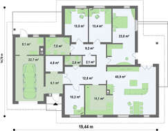 Проект класичного світлого одноповерхового будинку з багатосхилим дахом та гаражем для 1 автомобіля
