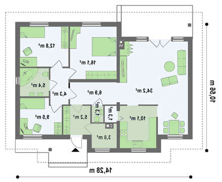 Проект одноповерхового будинку з чотирискатним дахом