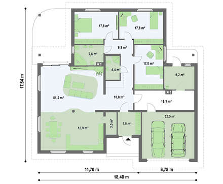Проект одноповерхового будинку з гаражем для 2 машин