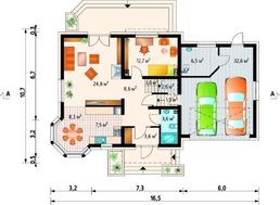 Проект для будівництва приємного будинку з гаражем на 2 авто і кутовим еркером