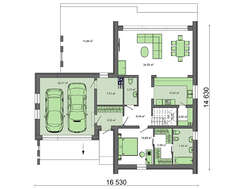 Проект невеликого двоповерхового будинку з панорамним вікном у вітальні