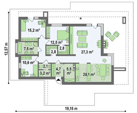 Проект одноповерхового модернового будинку для вузької ділянки