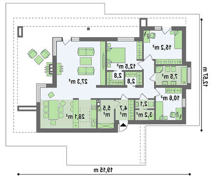 Проект одноповерхового модернового будинку для вузької ділянки
