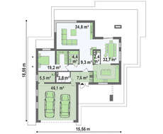 Проект сучасного двоповерхового котеджу з плоскою покрівлею з гаражем на дві машини
