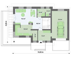 Проект будинку з гаражем, красивою мансардою і бічною терасою