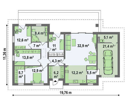 Проект одноповерхового котеджу для вузької ділянки