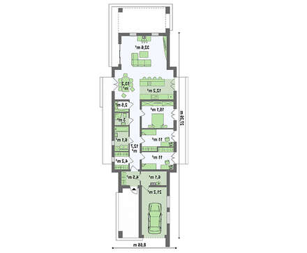 Одноповерховий котедж в стилі кубізму для вузької ділянки Одноповерховий котедж в стилі кубізму для вузької ділянки