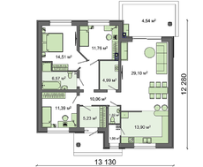 Проект одноповерхового котеджу з трьома спальнями і двосхилим дахом