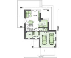 Проект двоповерхового котеджу з великими панорамними вікнами і просторою терасою