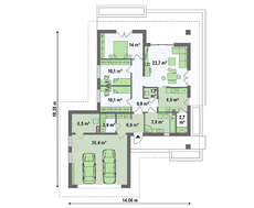 Проект одноповерхового котеджу з гаражем на дві машини площею до 150 m²