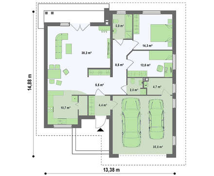 Проект великого одноповерхового будинку з гаражем для двох авто