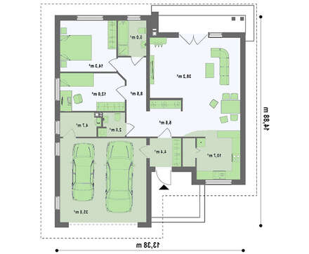Проект великого одноповерхового будинку з гаражем для двох авто