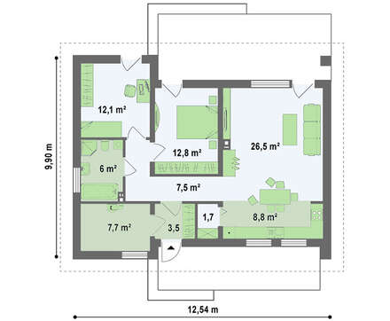 Проект одноповерхового будинку з невеликим горищем