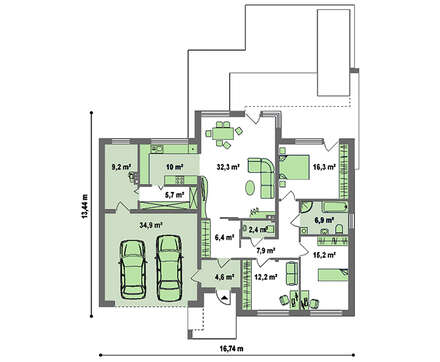 Проект сучасного котеджу з плоским дахом і гаражем для двох авто