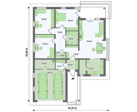 Проект одноповерхового котеджу з гаражем і цегляним фасадом