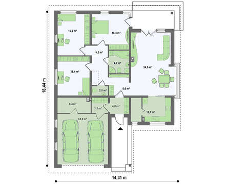Проект одноповерхового котеджу з гаражем для двох автомобілів