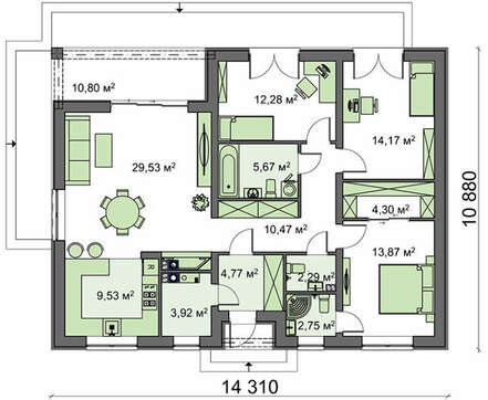 Проект компактного житлового будинку на 124 кв. м для проживання невеликої родини