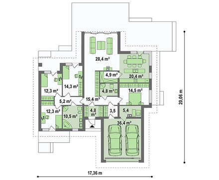 Планування привабливого котеджу на 246 кв. м з просторою вітальнею і вітражними вікнами