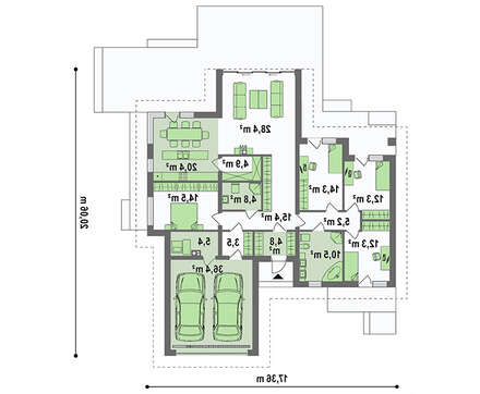 Планування привабливого котеджу на 246 кв. м з просторою вітальнею і вітражними вікнами
