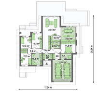 Планування привабливого котеджу на 246 кв. м з просторою вітальнею і вітражними вікнами
