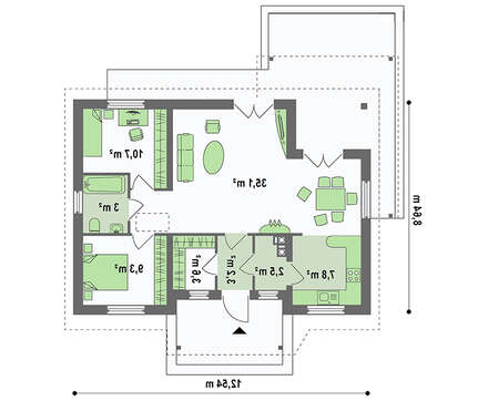 Планування сезонного котеджу площею 75 кв. м для відпочинку Планування сезонного котеджу площею 75 кв. м для відпочинку