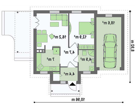 План дачного будиночка площею 68 кв. м з гаражем