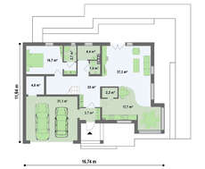 Проект котеджу з гаражем для двох автомобілів і кутовим еркером