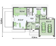 Проект будинку з мансардою, вітальнею і гаражем на дві машини