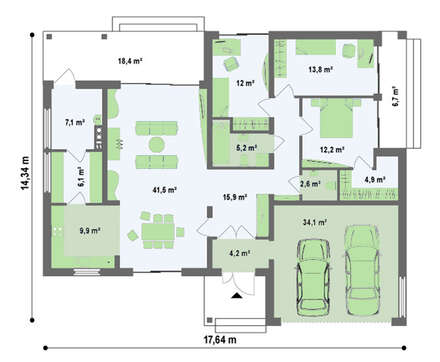 Проект одноповерхового котеджу з гаражем і критою терасою