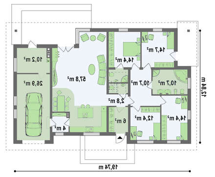 Проект одноповерхового котеджу з 4 спальнями