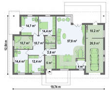 Проект одноповерхового котеджу з 4 спальнями