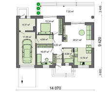 Схема житлового будинку в благородних відтінках на 100 кв. м з гаражем