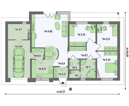 Проект одноповерхового котеджу з гаражем, з приватною зоною Проект одноповерхового котеджу з гаражем, з приватною зоною