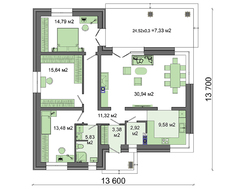 Схема красивого котеджу, декорованого цеглою і з двома спальнями, великим гардеробом