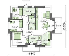 Проект компактного житлового будинку з просторою вітальнею