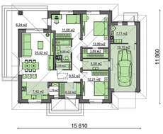 Планування барвистого житлового будинку з вбудованим гаражем