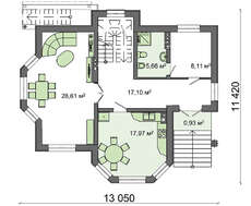 План гарного двоповерхового будинку площею 322 кв. м з цокольним поверхом