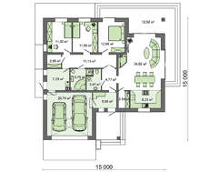 Схема одноповерхового котеджу площею в 166 кв. м з вбудованим гаражем на 2 автомобілі