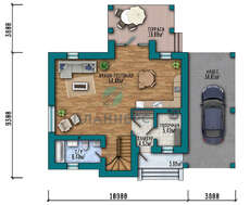 План котеджу площею 197 кв. м. з навісом для автомобіля під спільним дахом