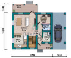 Схема двоповерхового будинку площею 158 кв.м з червоною покрівлею і цегляним декором аналогічного кольору