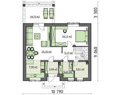 План компактного будинку в європейському стилі площею 147 кв. м, декорованого натуральним каменем
